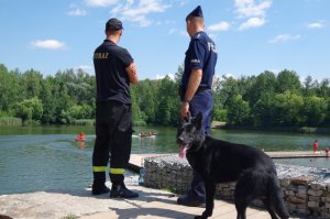 policjant z psem służbowym rozmawia z funkcjonariuszem straży pożarnej