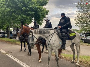 3 policjantów i 1 policjantka na koniach służbowych stoją pozując do zdjęcia przed meczem